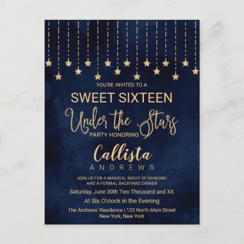 Under the Stars Navy Blue Gold Sparkles Sweet 16 Invitation Postcard
