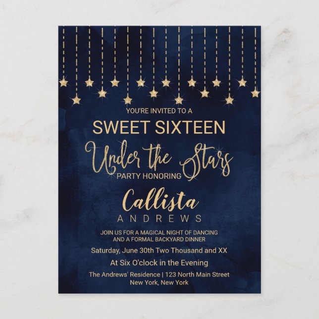 Under the Stars Navy Blue Gold Sparkles Sweet 16 Invitation Postcard (Front)