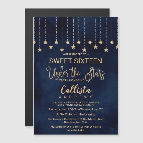 Under the Stars Navy Blue Gold Sparkles Sweet 16 Magnetic Invitation