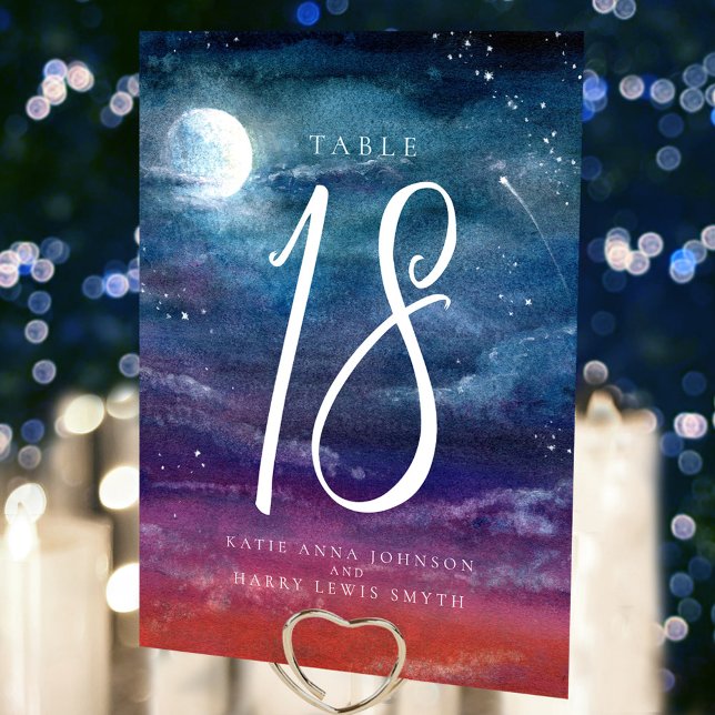 Under the stars night moon blue orange art wedding table number (Creator Uploaded)