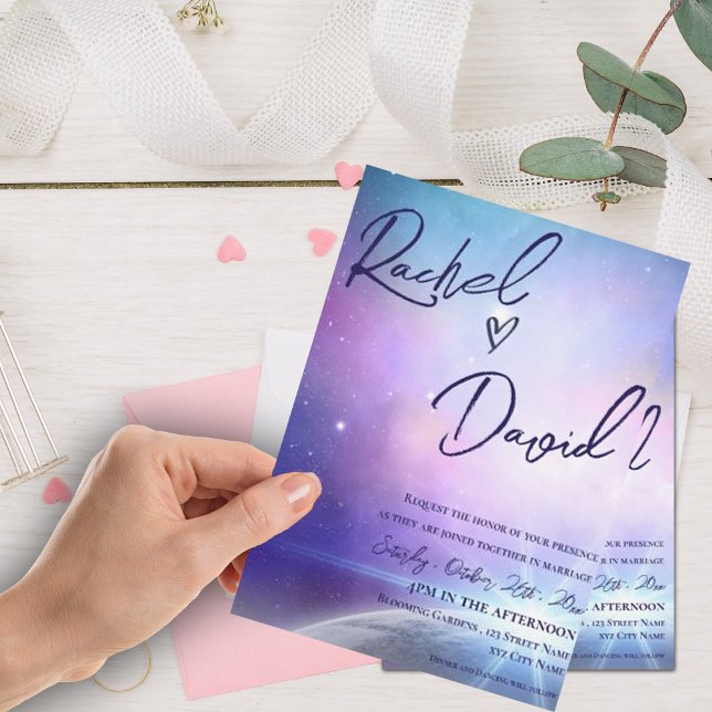 Under the Stars Purple Pink Typography  Wedding (Under the Stars Purple Pink Typography Wedding Invitation)