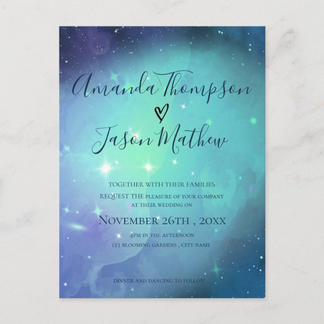 Under the Stars Purple Typography Wedding Invitation Postcard (Front)