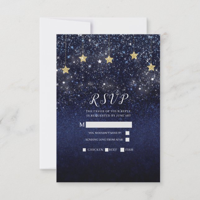 Under The Stars Starry Night Gold Blue Party RSVP Card (Front)