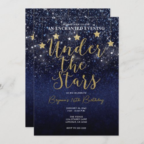 Under The Stars Starry Night Gold Blue Prom Party Invitation