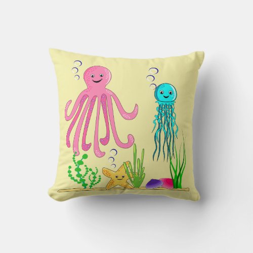 Under the Waves Sea Creatures Lemon Cushion