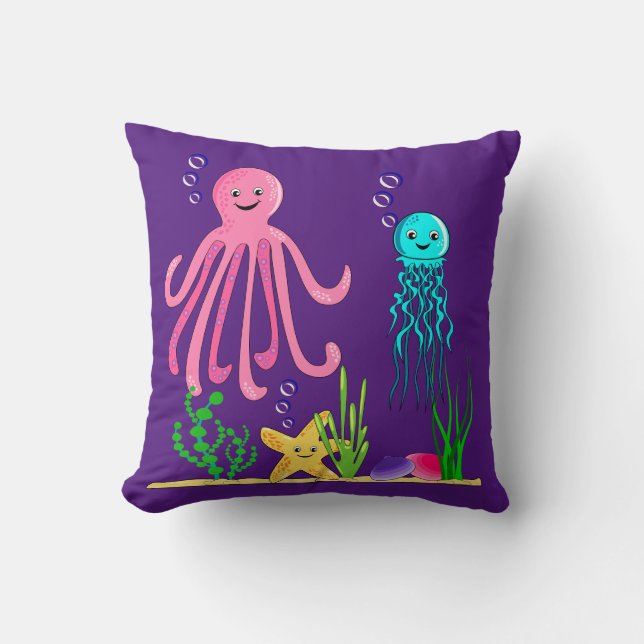 Under the Waves Sea Creatures Purple Cushion (Front)