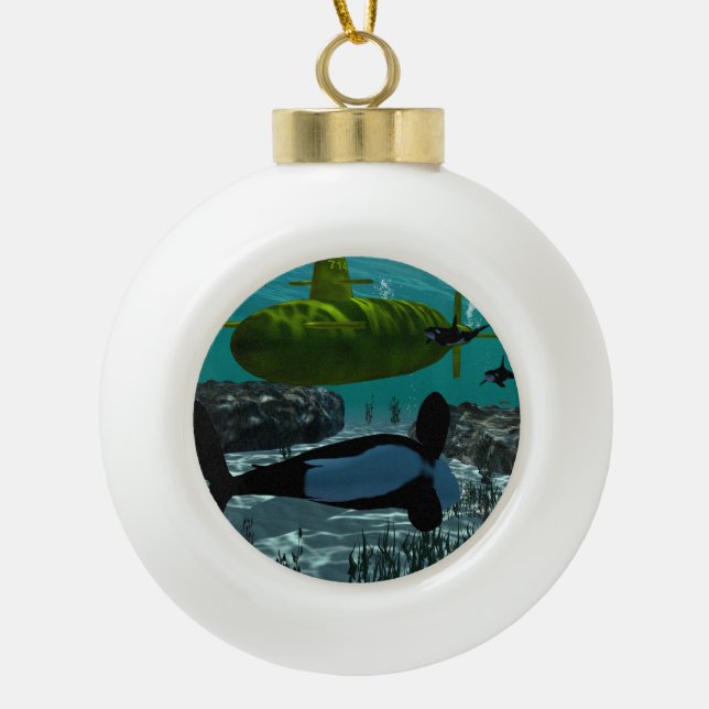 Underewater, Submarine Ceramic Ball Christmas Ornament (Front)