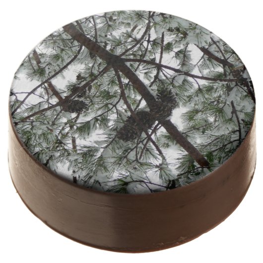 Underneath the Snow Covered Pine Tree Winter Photo Chocolate Covered Oreo (Angled)