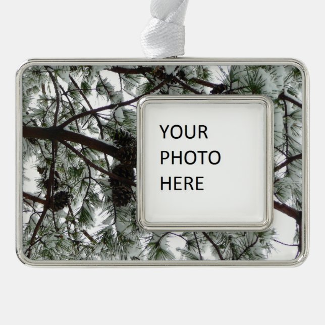 Underneath the Snow Covered Pine Tree Winter Photo Christmas Ornament (Front)