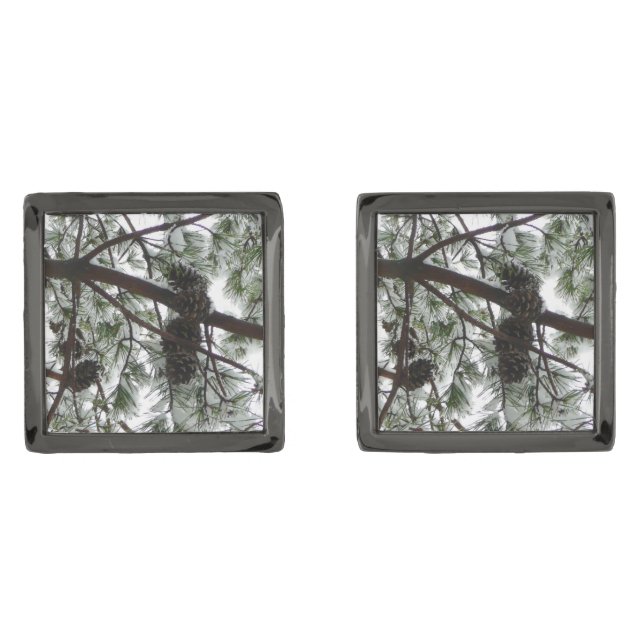 Underneath the Snow Covered Pine Tree Winter Photo Cufflinks (Front)
