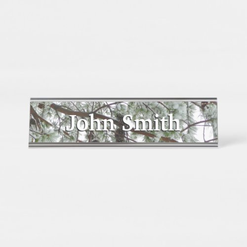 Underneath the Snow Covered Pine Tree Winter Photo Desk Name Plate