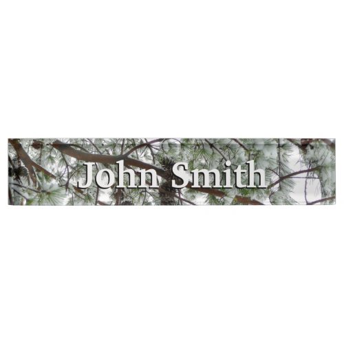 Underneath the Snow Covered Pine Tree Winter Photo Desk Name Plate