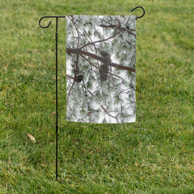 Underneath the Snow Covered Pine Tree Winter Photo Garden Flag (In SItu)