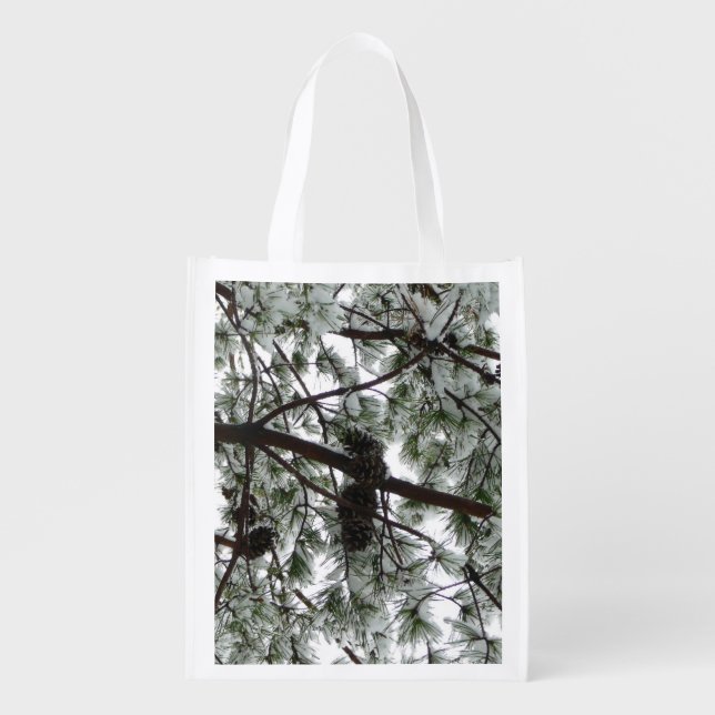 Underneath the Snow Covered Pine Tree Winter Photo Grocery Bag (Front)