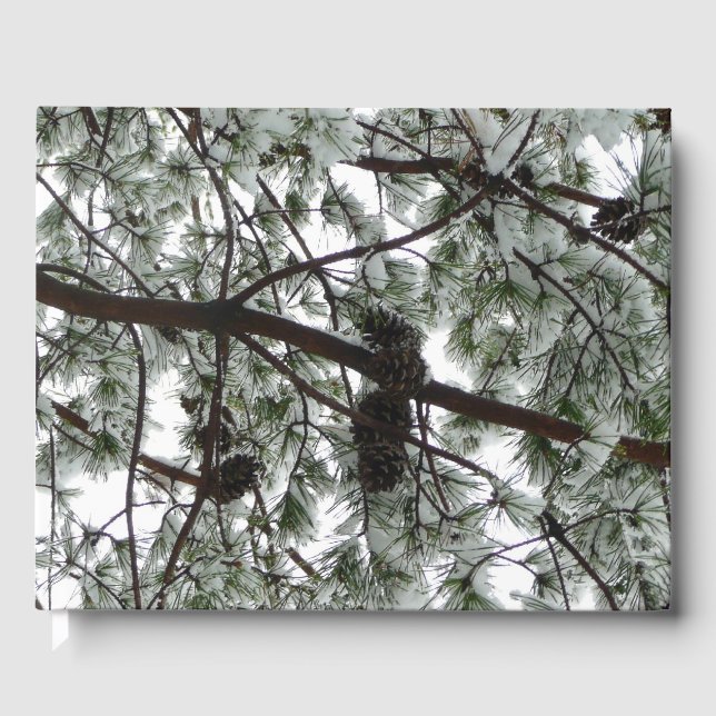 Underneath the Snow Covered Pine Tree Winter Photo Guest Book (Front)