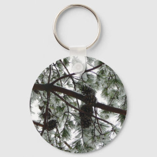 Underneath the Snow Covered Pine Tree Winter Photo Keychain