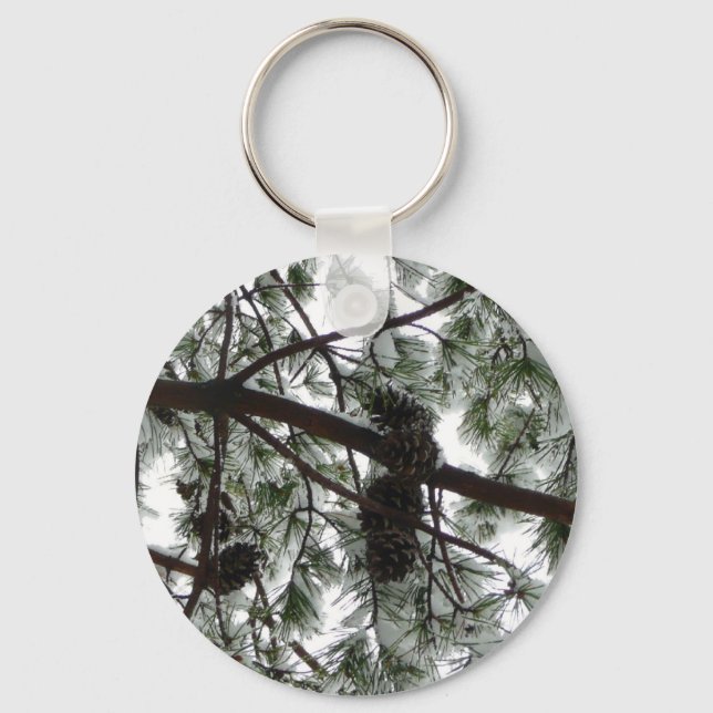 Underneath the Snow Covered Pine Tree Winter Photo Keychain (Front)