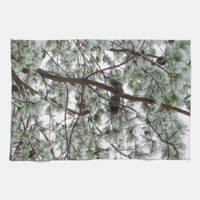 Underneath the Snow Covered Pine Tree Winter Photo Kitchen Towel (Horizontal)