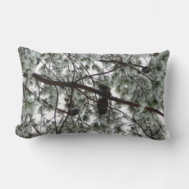 Underneath the Snow Covered Pine Tree Winter Photo Lumbar Pillow (Front)