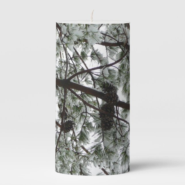 Underneath the Snow Covered Pine Tree Winter Photo Pillar Candle (Front)