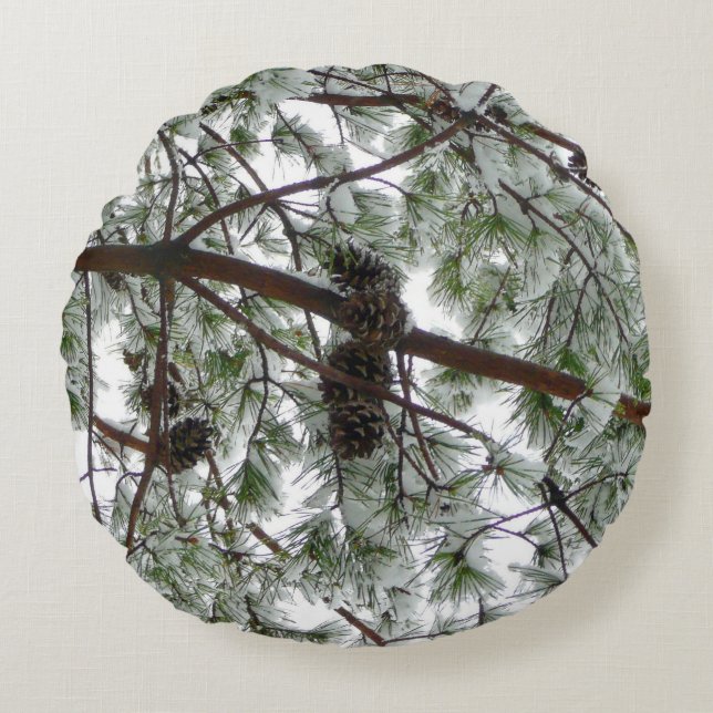 Underneath the Snow Covered Pine Tree Winter Photo Round Pillow (Front)