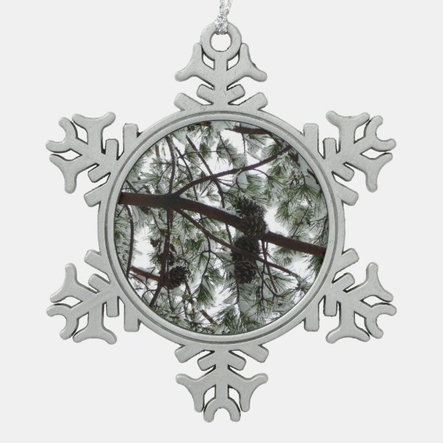 Underneath the Snow Covered Pine Tree Winter Photo Snowflake Pewter Christmas Ornament (Front)