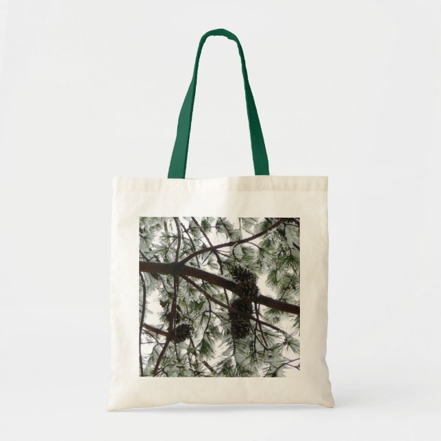 Underneath the Snow Covered Pine Tree Winter Photo Tote Bag (Front)