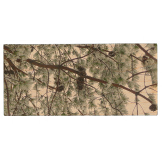 Underneath the Snow Covered Pine Tree Winter Photo Wood Flash Drive