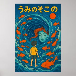 Undersea Boy Goldfish Illustration Poster