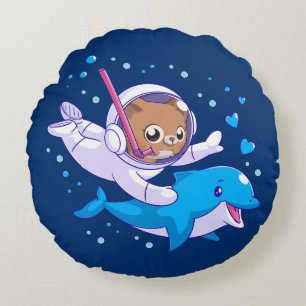 Undersea cat and dolphin round pillow