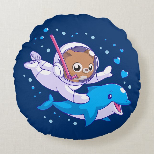 Undersea cat and dolphin round pillow (Front)
