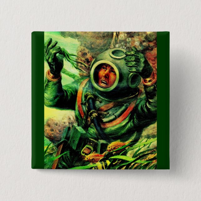 undersea diver in diving helmet button (Front)