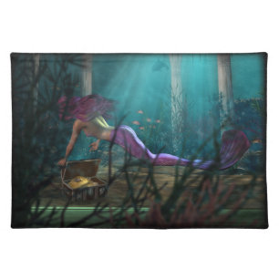 Undersea Fantasy Digital Art Mermaid and Treasure Cloth Placemat