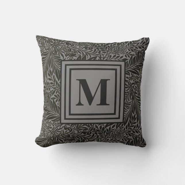 Understated Dark Gray Botanical Pattern Monogram Outdoor Pillow (Front)