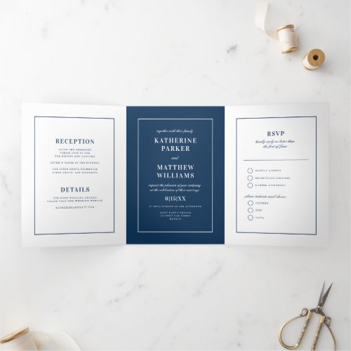 Understated Elegance Navy Blue All_In_One Wedding Tri_Fold Invitation