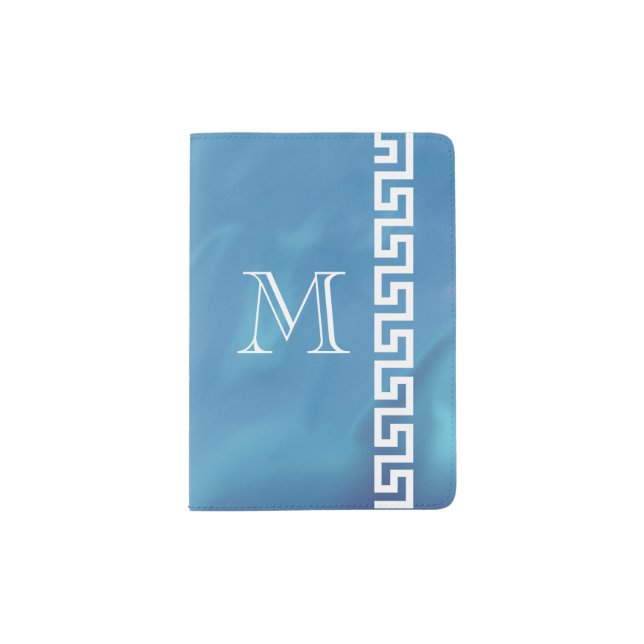 Understated Elegant Blue Watercolor Greek Key Passport Holder (Front)