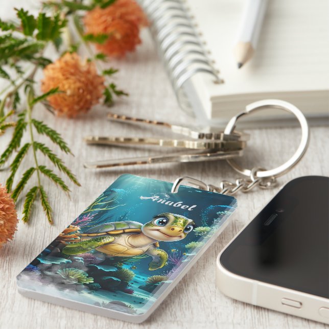 Underwater adventures with the cheerful turtle.  keychain (Front Right)