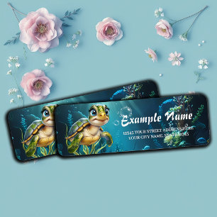 Underwater adventures with the cheerful turtle. label