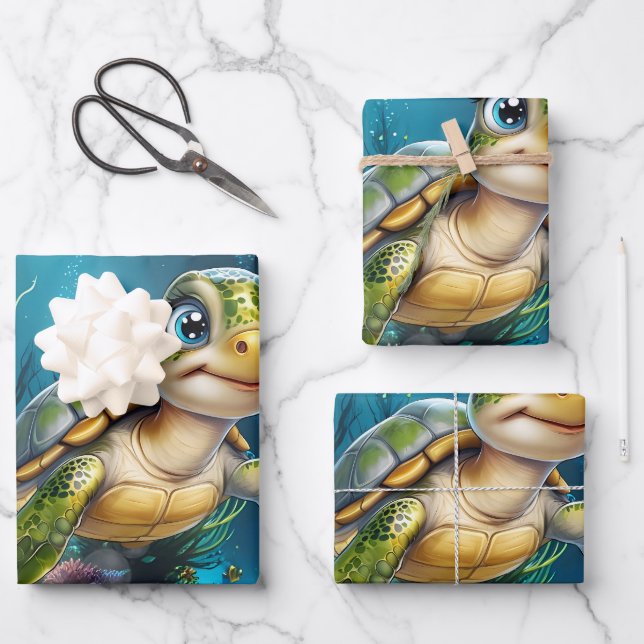 Underwater adventures with the cheerful turtle.  wrapping paper sheets (Front)