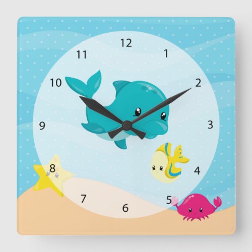 Underwater Animals Square Wall Clock