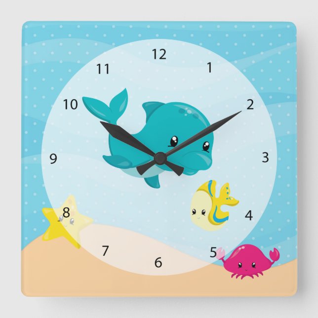 Underwater Animals Square Wall Clock (Front)