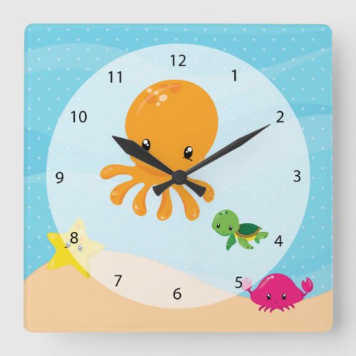 Underwater Animals Square Wall Clock