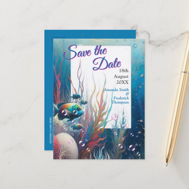 Underwater Art of Fish & Coral in Acrylic Announcement Postcard (Front/Back In Situ)