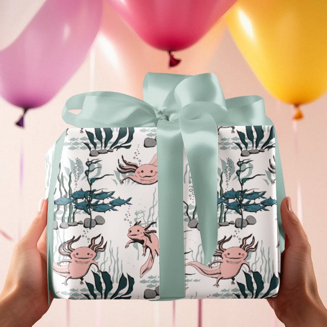 Underwater Axolotl Pink & Yellow Kids Animal Wrapping Paper (Cute Pattern with Axolotl Amphibian Drawing and Underwater Aquatic Scene with  Swimming Fish & Rocks)