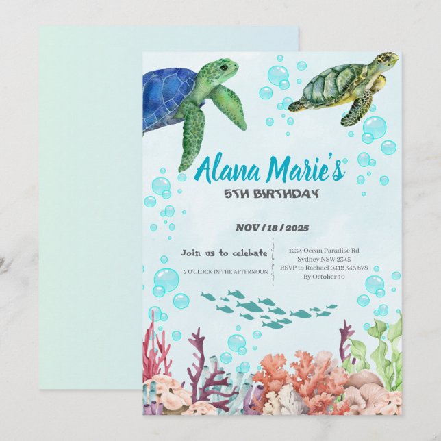 Underwater Birthday Party Invitation with a Sea Tu (Front/Back)