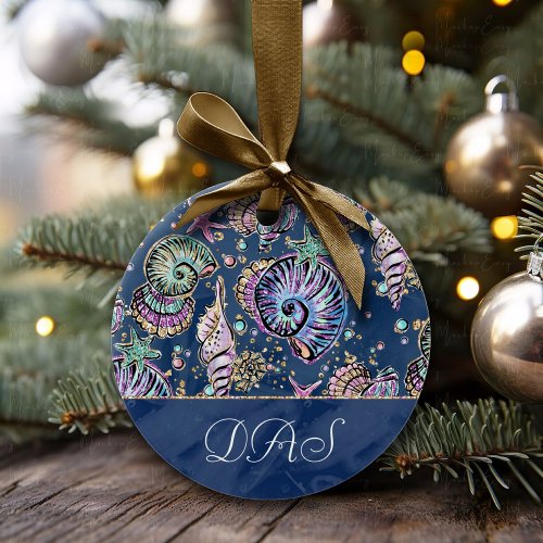 Underwater Blue Luxe | Pastel Gold Seashells Ceramic Ornament