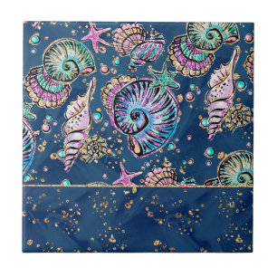 Underwater Blue Luxe   Pastel Gold Seashells Ceramic Tile