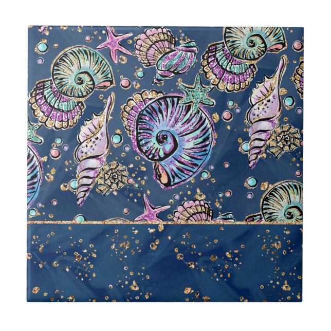 Underwater Blue Luxe | Pastel Gold Seashells Ceramic Tile (Front)