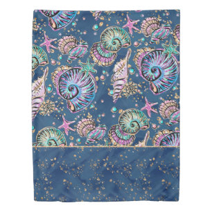 Underwater Blue Luxe Pastel Gold Seashells Duvet Cover