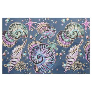 Underwater Blue Luxe   Pastel Gold Seashells Fabric